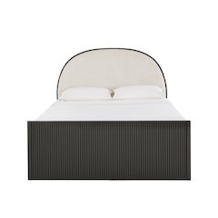 Black Finish Metal Grey Fabric Queen Bed