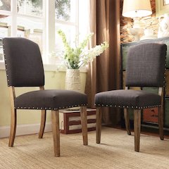 Set of 2, Light Distressed Natural Finish Dark Grey Linen Nailhead Chair