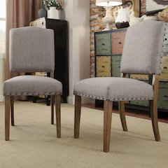 Set of 2, Light Distressed Natural Finish Grey Linen Nailhead Chair