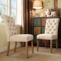 Set of 2, Light Distressed Natural Finish Beige Linen Rolled Top Tufted Chair
