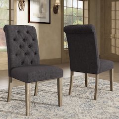 Set of 2, Antique Grey Oak Finish Dark Grey Linen Rolled Top Tufted Chair