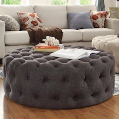 Dark Grey Linen Round Tufted Ottoman