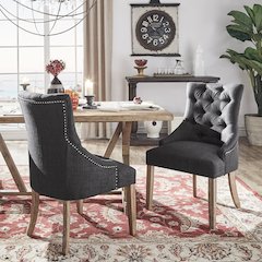 Set of 2, Light Distressed Natural Finish Dark Grey Linen Tufted Dining Chair