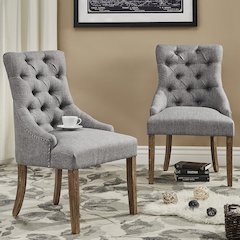 Set of 2, Light Distressed Natural Finish Grey Linen Back Tufted Dining Chair