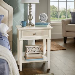 White Finish Beige Linen Drawer Face 1 Drawer Nightstand