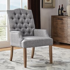 Light Distressed Natural Finish Grey Linen Tufted Dining Chair