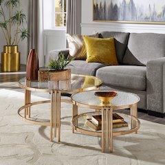 Champagne Gold Finish Textured Metallic Mirror & Glass Top Nesting Coffee Table