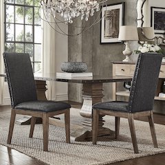 Set of 2, Light Distressed Natural Finish Dark Grey Linen Nailhead Dining Chair