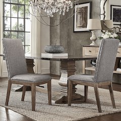 Set of 2, Light Distressed Natural Finish Grey Linen Nailhead Dining Chair