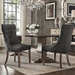 Set of 2, Light Distressed Natural Finish Dark Grey Linen Tufted Dining Chair