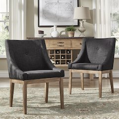 Set of 2, Light Distressed Natural Finish Dark Grey Linen Dining Chair