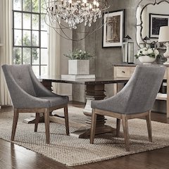 Set of 2, Light Distressed Natural Finish Grey Linen Curved Arm Dining Chair