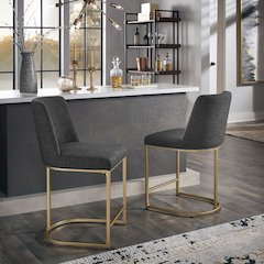 Set of 2, Gold Finish Black Heathered Weave Curve Back Counter Height Chair
