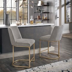 Set of 2, Gold Finish Light Grey Heathered Weave Curve Back Counter Height Chair