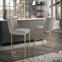 Set of 2, Gold Finish Light Grey Heathered Weave Curve Back Bar Height Chair