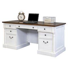 Rustic Wood Double Pedestal Executive Desk, 7 Drawers, White/Cherry