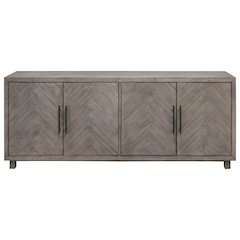 80 Inch Four Door TV Console, Distressed Gray, Herringbone, 2 Shelves