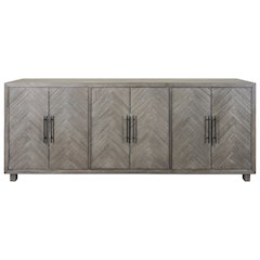 90 Inch Six Door Console, Distressed Gray, Herringbone, 3 Shelves