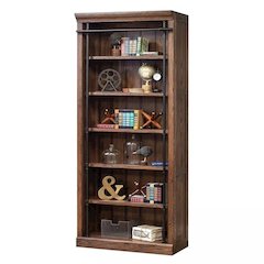 8-Foot Tall Wood Bookcase with 5 Adjustable Shelves, Steel Frame, Brown
