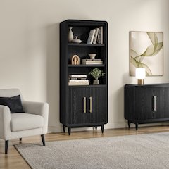 Modern Wood Bookcase Doors, Office Shelving Storage Cabinet, Assembled, Black