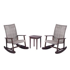 Pine Wood And Wicker Rattan - Chat Set Rocking Chair And End Table