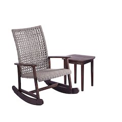 Pine Wood And Wicker Rattan - Conversation Set Rocking Chair And Table