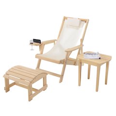 Canvas Sling Chair With Cup And Wine Holder And Ottoman (Set Of 3)