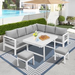 6-Pieces Grey Aluminum Frame Outdoor Dining Set With Dark Grey Cushions