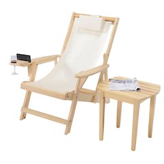 Canvas Sling Chair With Cup And Wine Holder And End Table