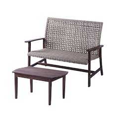 Pine Wood And Wicker Rattan - Chat Set Loveseat And Coffee Table