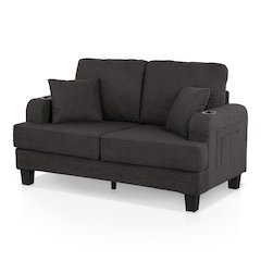 Reese Wood Frame Fabric Loveseat with Cup Holders, Grey