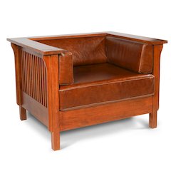 Arts And Crafts / Craftsman Cubic Slat Side Arm Chair - Chestnut Brown Leather