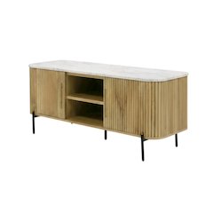 White marble, mango wood TV stand, engineered construction, multiple shelves