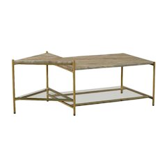 Marble Coffee Table with Glass Top and Brass Iron Frame Free Form Design
