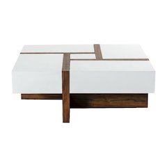 White Square Coffee Table with Walnut Veneer and MDF Construction, Single Piece