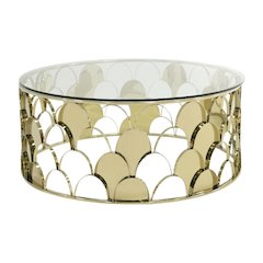 Gold Round Coffee Table with Glass Top and Steel Frame Modern Design 1-Piece