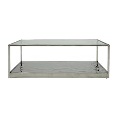 Silver Glass Coffee Table with Stainless Steel Frame and Sleek Wave Design