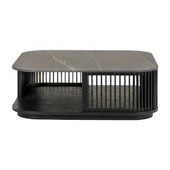 Black Ceramic and Wood Square Coffee Table with Solid Top and Sturdy Frame