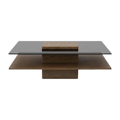 Veneer Walnut Square Coffee Table with Glass Top and Manufactured Wood Base