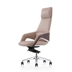 Beige Leather Desk Chair, Modern Office Chair With Wheels And Comfy Support