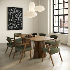 Sacks - Mid-Century Modern Green Fabric Herringbone Walnut Dining Set