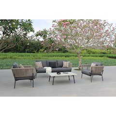 Renava Suntide - Outdoor Grey Fabric + Beige Rattan + Grey Acacia Sofa Set