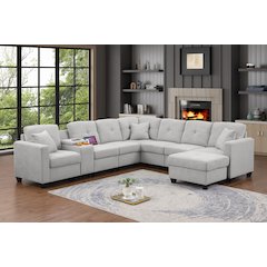 L-Shaped Sectional Couch with Ottoman and Throw Pillows (Lightgrey)