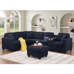 L-Shaped Sectional Couch with Ottoman and Throw Pillows (Darkblue)