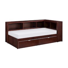 Rowe Pine Twin Bookcase Corner Bed with Storage Boxes in Dark Cherry