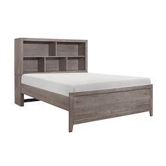 Woodrow Asian Hardwood Queen Bed with Bookcase Headboard in Gray