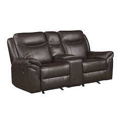 Faux Leather Double Glider Reclining Love Seat With Center Console In Dark Brown