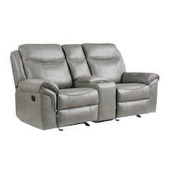 Aram Faux Leather Double Glider Reclining Love Seat With Center Console In Gray