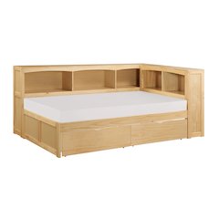 Bartly Pine Twin Bookcase Corner Bed with Storage Boxes in Natural Pine