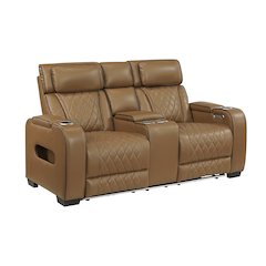 Fairway Faux Leather Power Double Reclining Love Seat in Brown